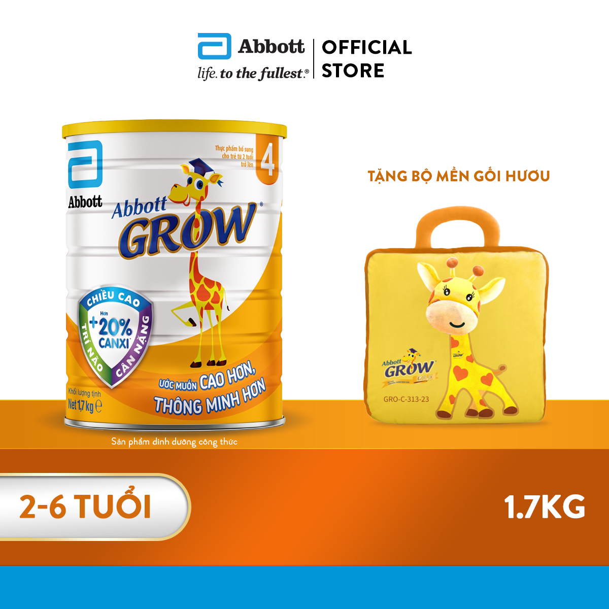Lon sữa bột Abbott Grow 4 1.7kg Tặng Bộ mền gối Hươu