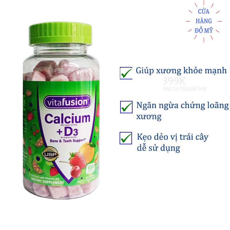 Kẹo dẻo Vitafusion Calcium + D3 500mg Gummy Vitamins 100 viên cho người lớn giúp xương khỏe mạnh - Shop Hong1008