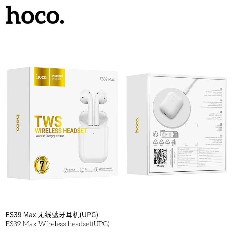 Tai nghe Bluetooth True Wireless Hoco ES39 / ES39 Max Original series V5.0 - Kết nối tự động, dùng từng tai riêng lẻ, sạc không dây, định vị tai nghe (Trắng) - Nhat Tin Authorised Store