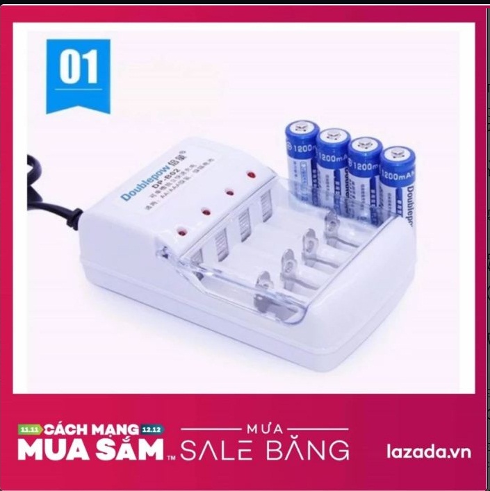 Combo bộ sạc B02 tặng kèm 4 pin AA dung lượng cao 1200mAh Doublepow