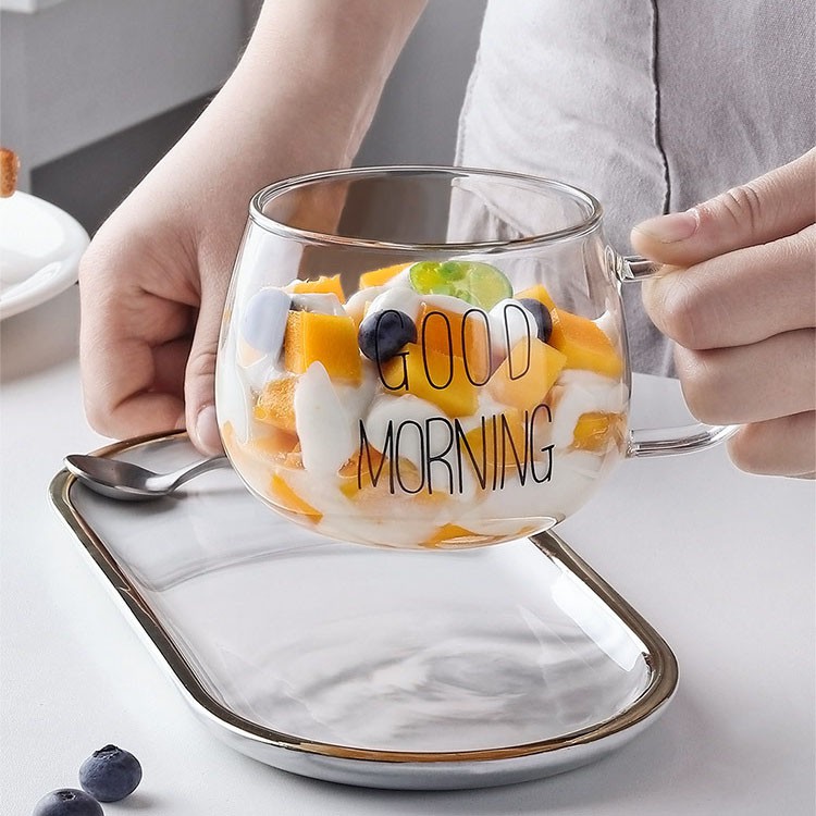 Cốc Thủy Tinh Uống Nước Good Morning Trong Suốt Dáng Tròn Bầu Có Quai Cầm Tiện Ích Dung Tích 320ml