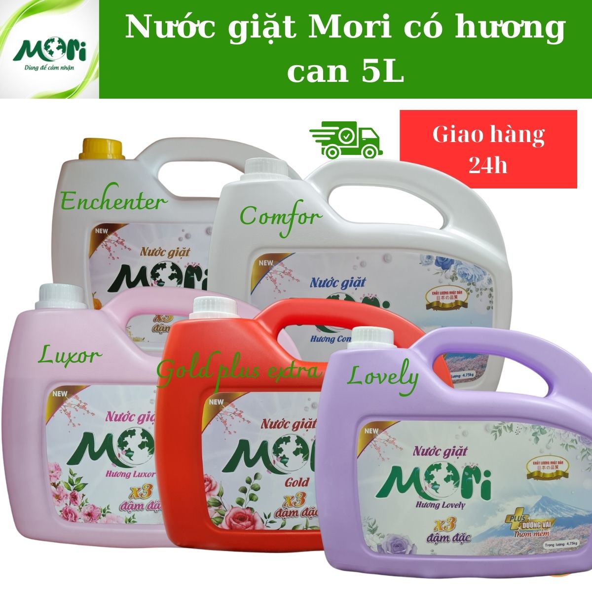 Nước giặt mori có hương, hương lovely/ hương luxor/ hương comfor/ hương enchenter, can 5L