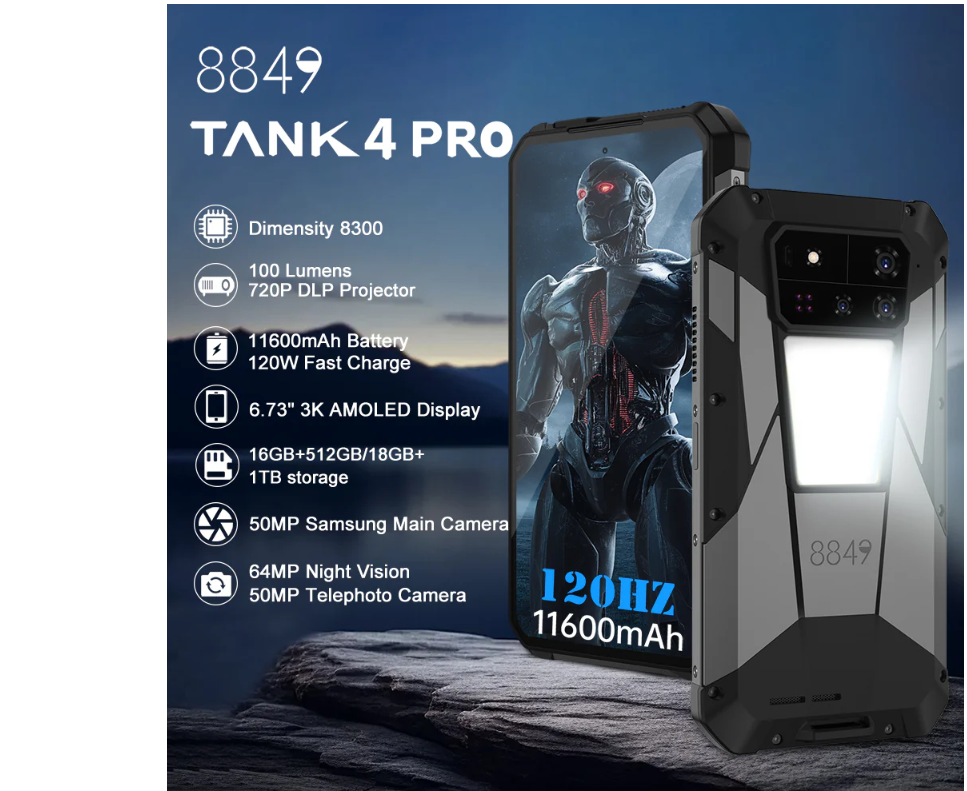 Điện thoại máy chiếu Unihertz Tank 4 Pro 5G Ram 36gb Rom 1TB,  Android 14,pin 11600mAh, màn hình 6.73 sản xuất 2025 hàng chính hãng