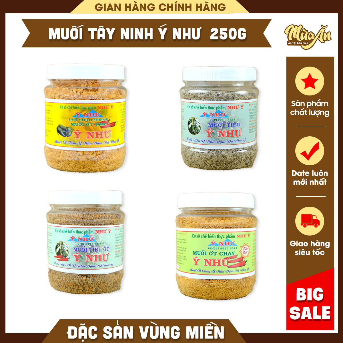 Muối Ý Như Tây Ninh 250g, Muối tôm đặc sản Tây Ninh, Muối tiêu, Muối tiêu ớt, Muối ớt chay cơ sở Như Ý Tây Ninh,chấm trái cây,đồ nướng