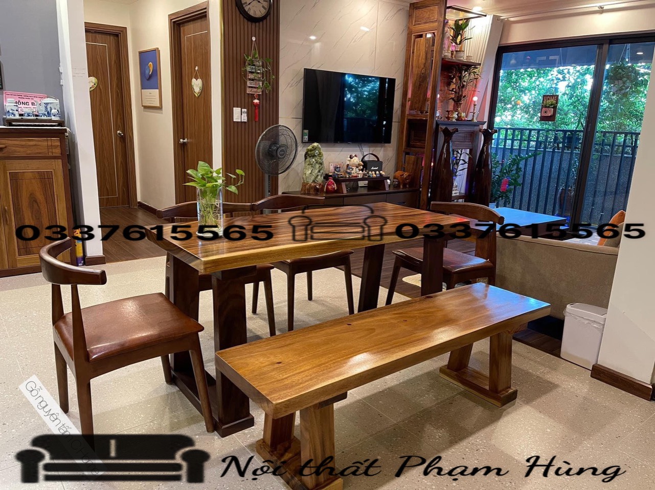 Bộ bàn ăn gỗ me tây nguyên khối