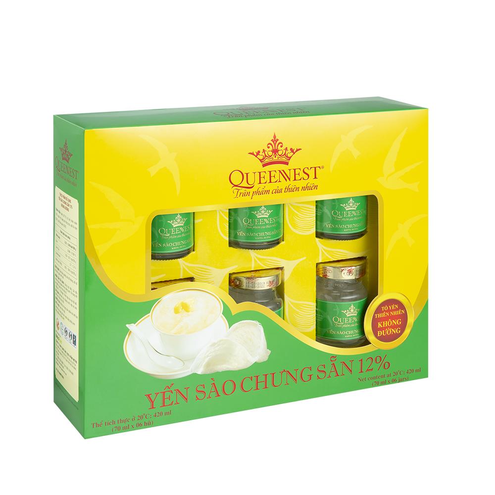 YẾN SÀO CHƯNG SẴN QUEENNEST 12% KHÔNG ĐƯỜNG (HỘP 6 HŨ)