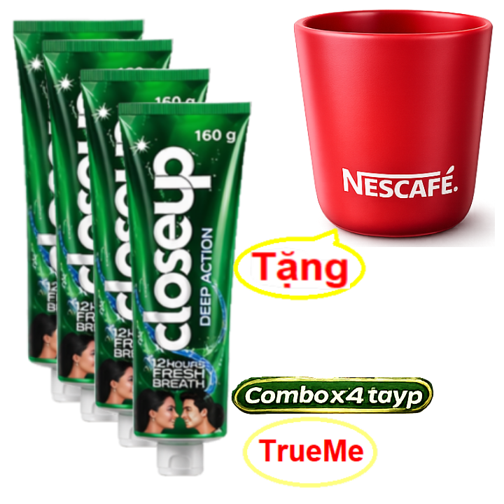 [Tặng Ly Sứ Cao Cấp] Combo x4 tuýp Kem đánh răng Closeup (160g/tuýp) hương bạc hà - kem danh rang thai lan - deep action - làm sạch sâu - khử mùi - kem danh rang ps  - kem danh rang lam trang rang -  TrueMe closeup160 LazadaTrueMe