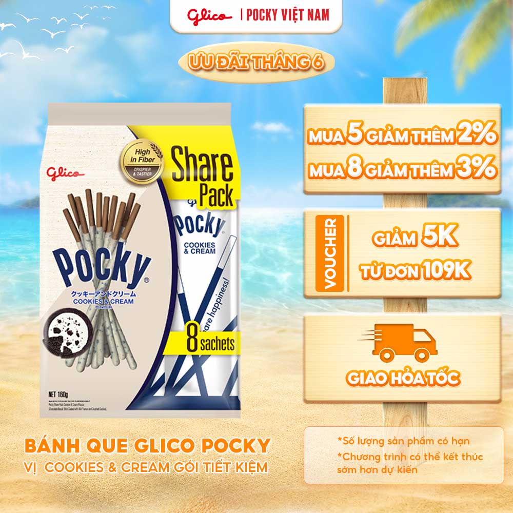 Gói lớn tiết kiệm - Bánh Que Pocky Kem Cookies  Cream (160g/Túi 8 gói)