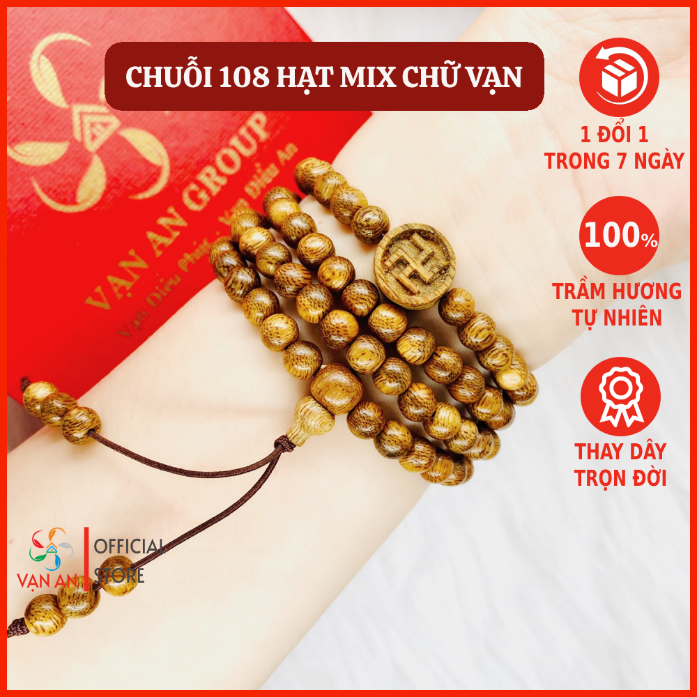 Chuỗi 108 hạt trầm hương mix charm chữ Vạn vòng tay phong thủy trầm hương tự nhiên VẠN AN Group mang đến may mắn hạnh phúc bình an tài lộc vòng đeo tay thời trang cho nam nữ thơm dịu nhẹ