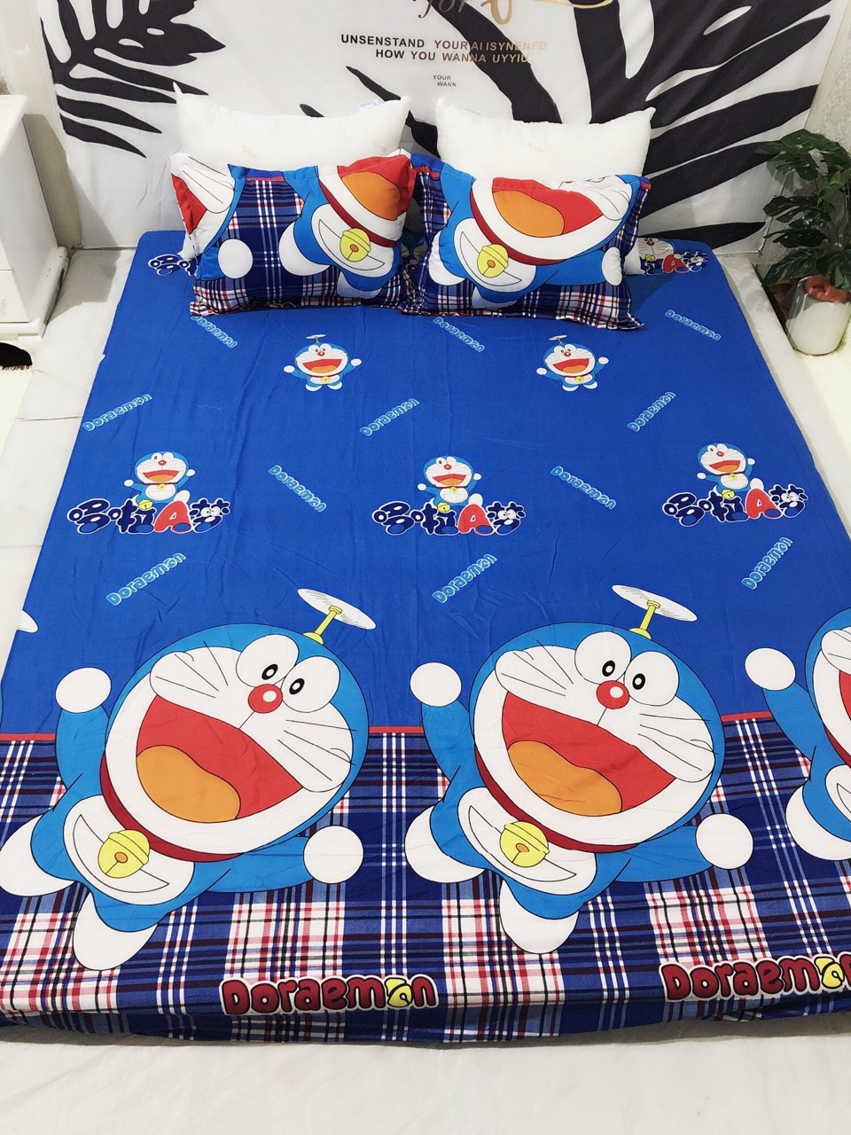 Bộ ga gối cotton poly mẫu doremon kẻ