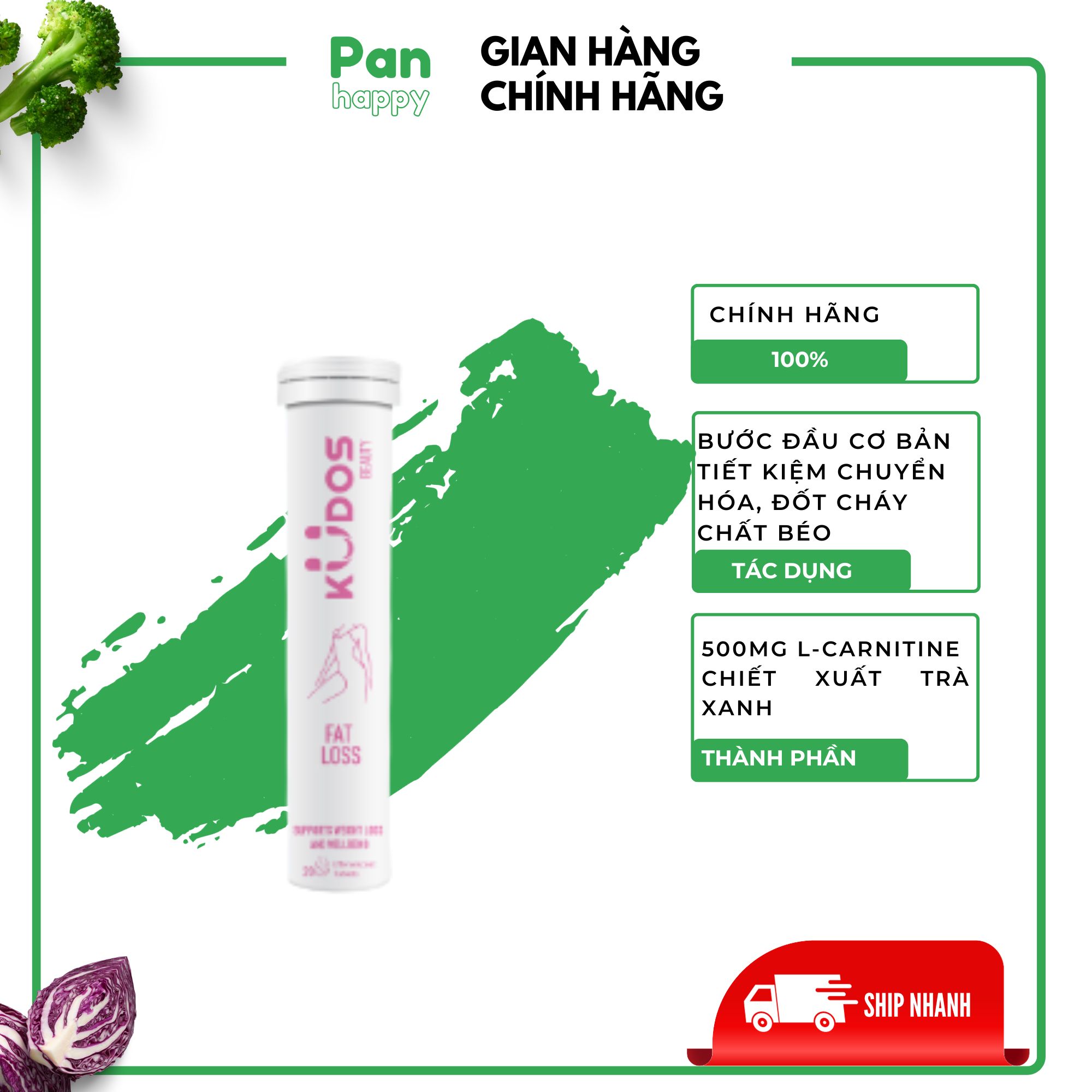 Viên sủi giảm bụng KUDOS FAT LOSS bổ sung L-carnitine, hỗ trợ chuyển hóa mỡ thừa an toàn, hiệu quả (20 viên/ Tuýp)