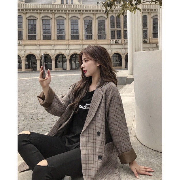 Áo blazer form rộng túi nắp kẻ caro 2 lớp ulzzang - Áo khoác vest kẻ/trơn dáng rộng 2 lớp