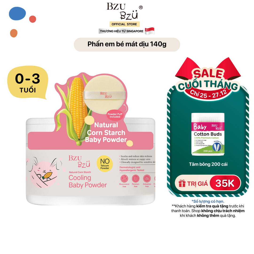 Phấn Em Bé Mát Dịu BZU BZU Baby Cooling Powder Dành Cho Da Nhạy Cảm 140g
