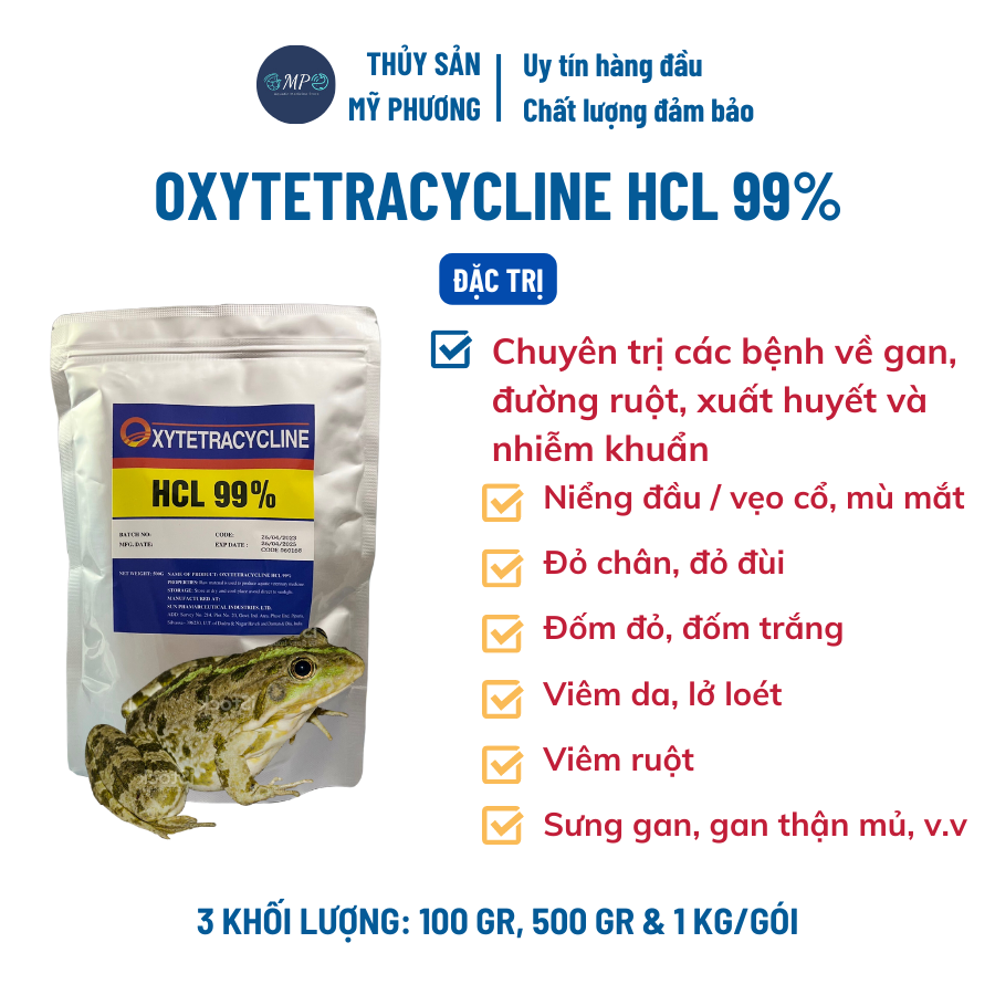 Thuôc tri bệnh cho ếch - oxytetracycline hcl 99% - kháng sinh - thuôc ếch bị trướng hơi sình bụng kháng sinh nuôi ếch bị lở loét đốm đỏ thuôc tri êch mù mắt doxytetracyline - nuôi tôm cá ếch lươn baba - thuốc thuỷ sản mỹ phương