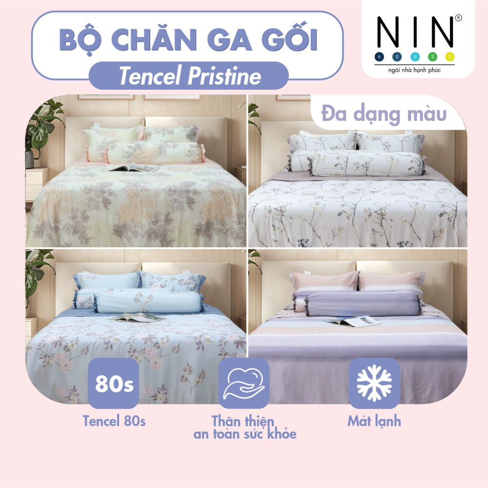 Bộ drap 160x200cm, áo gối kèm mền chần bông NIN House Tencel Pristine 100% tencel 60s nhiều màu - Ga chun bọc nệm kèm chăn 1m6x2m