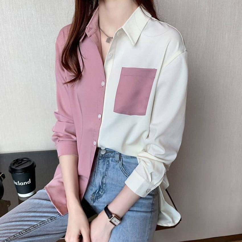 Áo sơ mi nữ dài tay Poniva phối màu 2 vạt áo A498 Thời trang ELVIN FASHION SHOP form áo sơ mi nữ thanh lịch form rộng ( 50-65kg)
