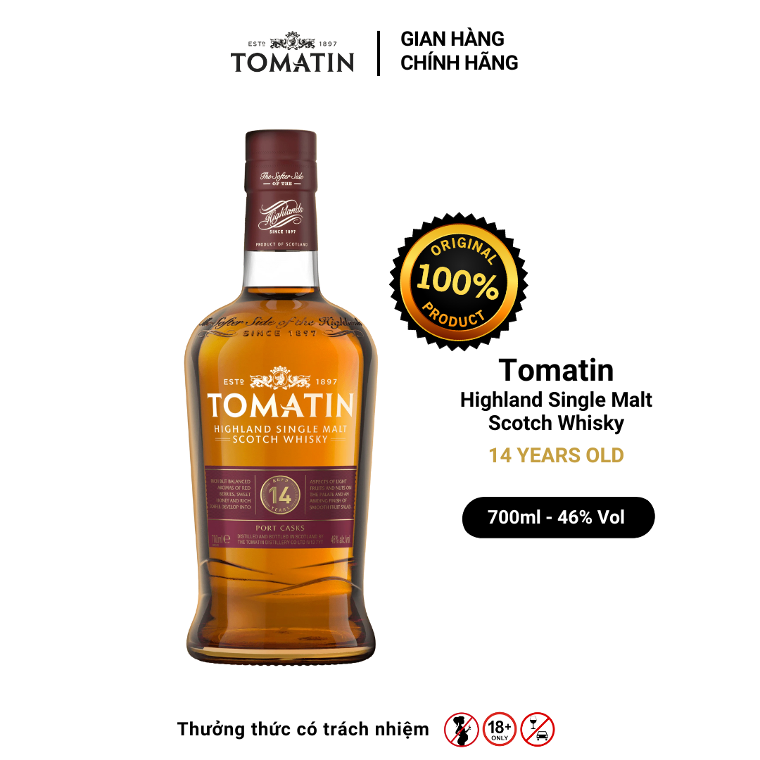 Rượu TOMATIN Highland Single Malt Scotch Whisky 14 YO Nồng Độ Alc 46% 700ml [Có kèm hộp]