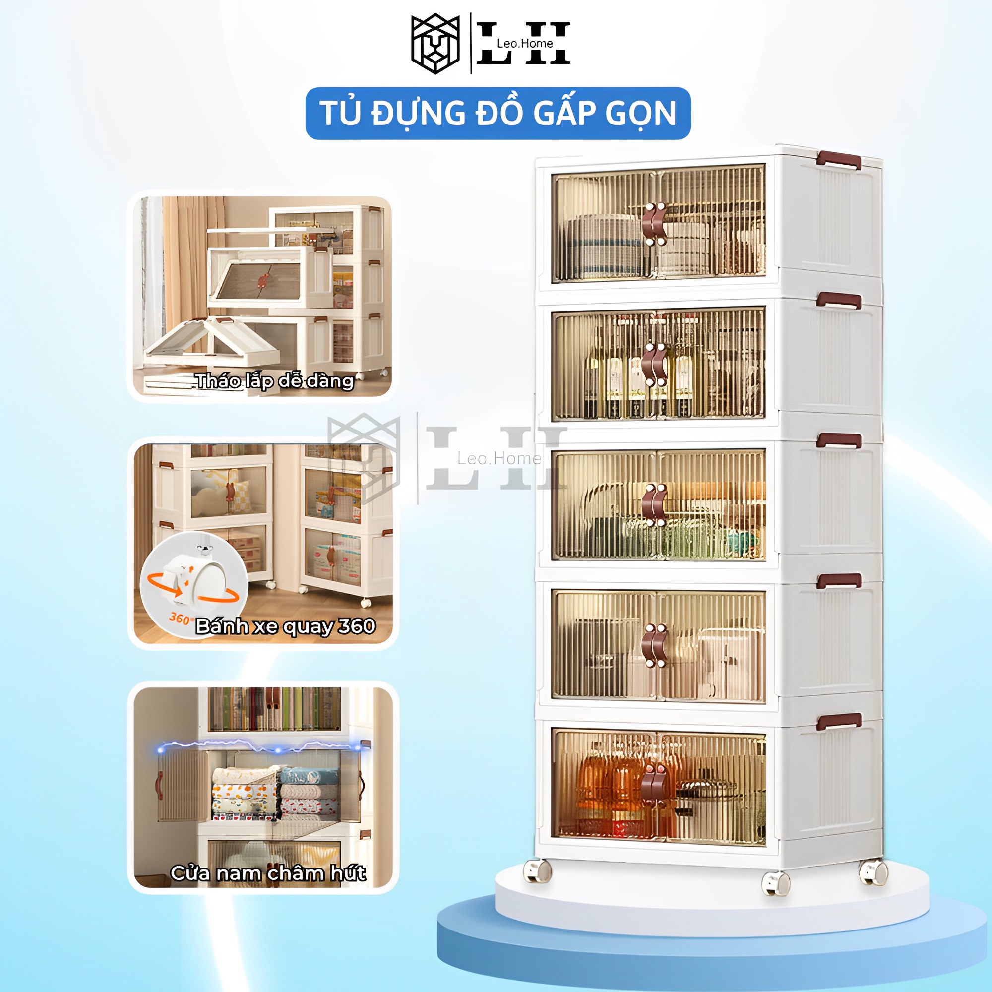Tủ đựng đồ nhà bếp, tủ nhựa lưu trữ đồ đa năng gấp gọn có bánh xe quay 360 độ, cửa trong suốt thao lắp dễ dàng Leohome