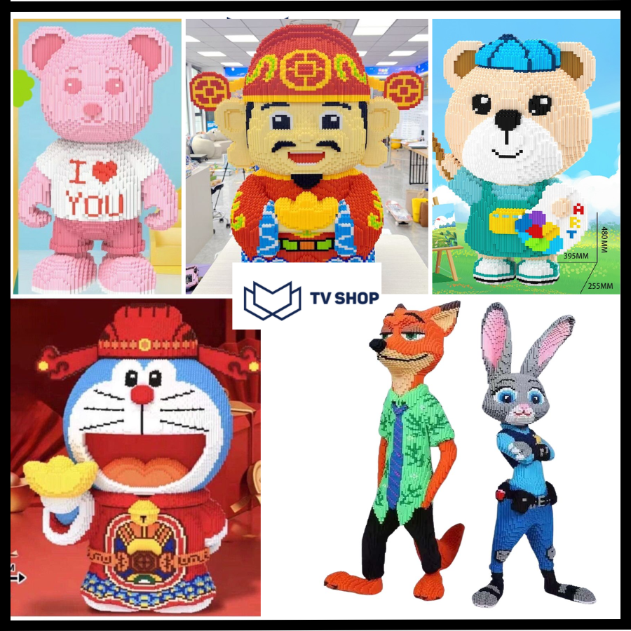 Mô hình bearbrick gấu teddy I Love You Doraemon thần tài 50cm lắp ráp ghép hình gấu đôi