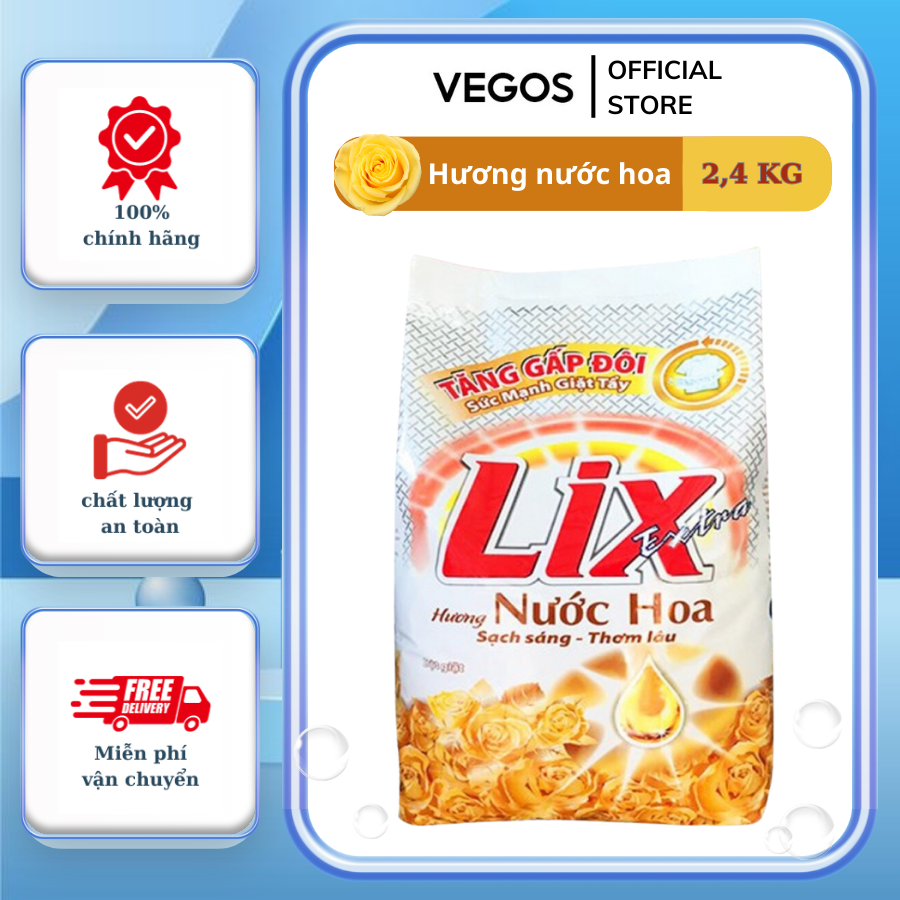 Bột giặt Lix Extra hương nước hoa 2,4Kg tăng gấp đôi sức mạnh giúp quần áo sạch thơm lâu - EH030