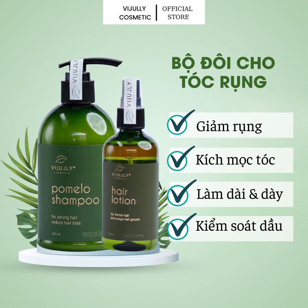 BỘ ĐÔI GIẢM RỤNG TÓC MỌC TÓC - Dầu gội bưởi kích mọc tóc Vijully 280ml + Nước xịt dưỡng tóc tinh dầu bưởi Vijully 100ml giúp giảm rụng tóc kích thích tóc mọc nhanh cho mái tóc dày và dài hơn gấp 2 đến 3 lần
