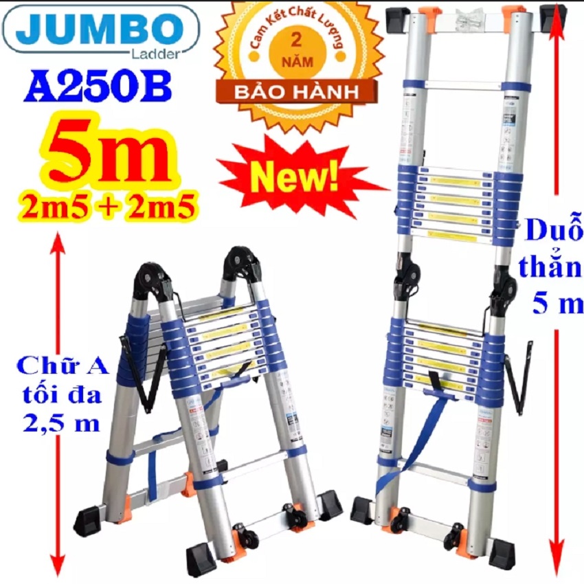 Thang Nhôm Rút Đôi JUMBO A250B NEW  - Chữ A 2,5m Duỗi Thẳng 5m Đai xanh - tải trọng 300kg - Bảo Hành 24 Tháng - Luôn Có Phụ Kiện Thay Thế.