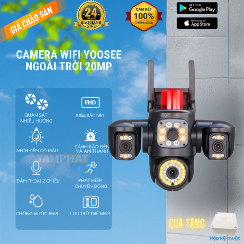   Bảo hành 24 tháng  Camera YOOSEE WIFI ngoài trời 4 mắt 3 màn hình tích hợp 54 LED siêu nét - Hàng nhập khẩu 