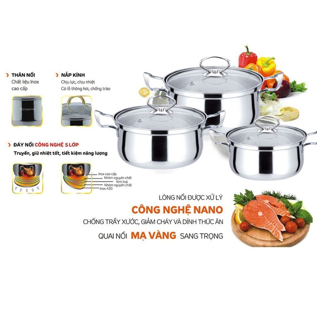 [Qùa Tặng Ý Nghĩa] Bộ 3 Nồi Bếp Từ - Bếp Kẻ- bếp ga Cao Cấp Dày Dặn- Chất liệu inox sáng bóng đủ size tiện lợi.