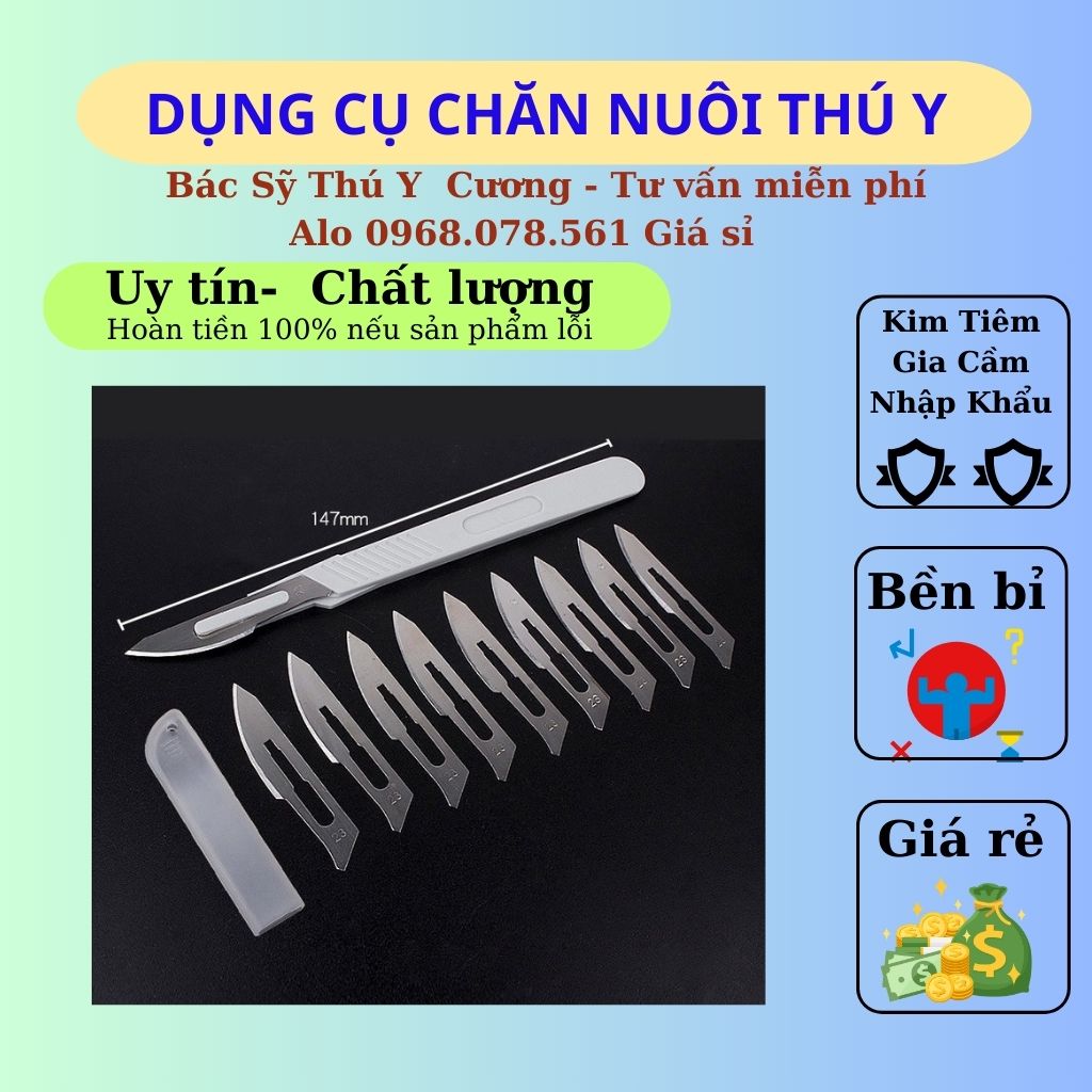 Dao thiến heo con, dao mổ khám, cán dao và vỉ 10 lưỡi dao