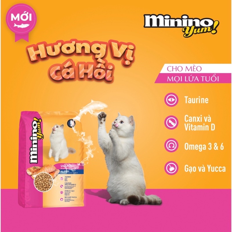 Thức Ăn Hạt Cho Mèo Lớn Nhỏ Minino Yum gói 350g VỊ CÁ HỒI Bổ Sung Dinh Dưỡng