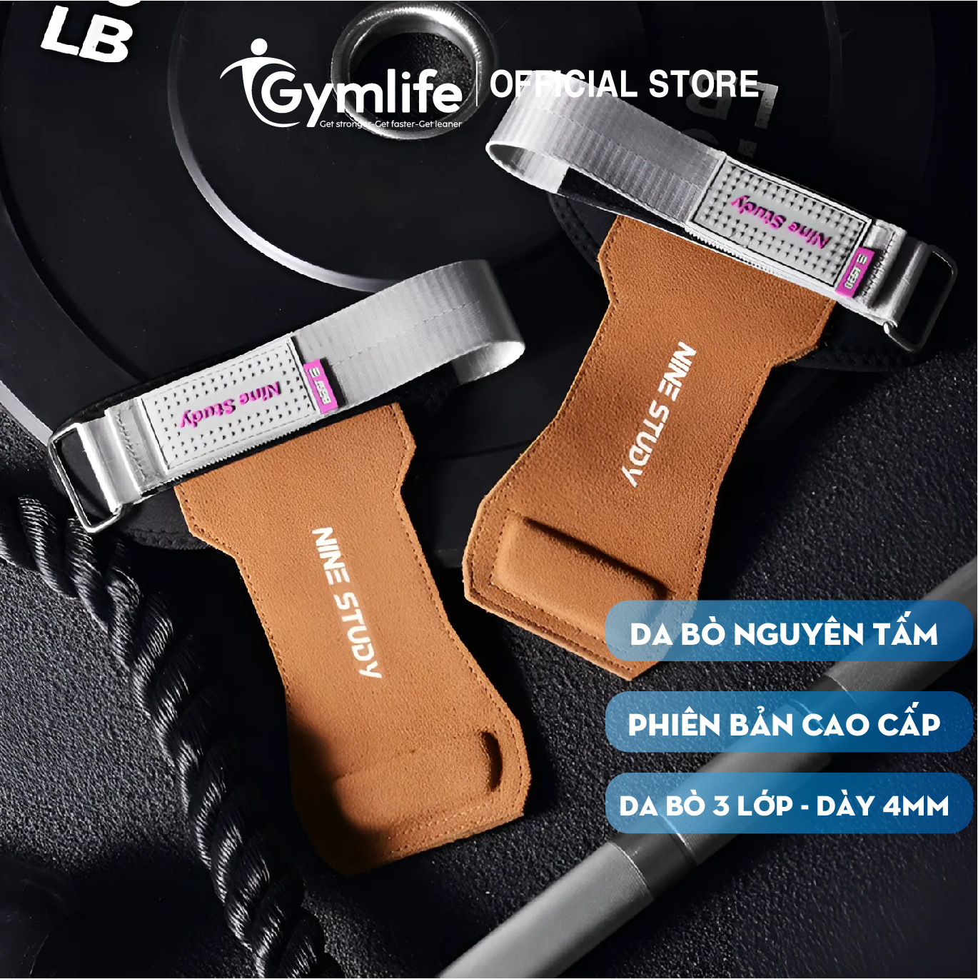 Găng tay tập gym Lifting Straps nam nữ chính hãng NINE STUDY da bò thật cao cấp, dây trợ lực kéo lưng da bò 3 lớp 4mm , hỗ trợ deadlift, kéo xà