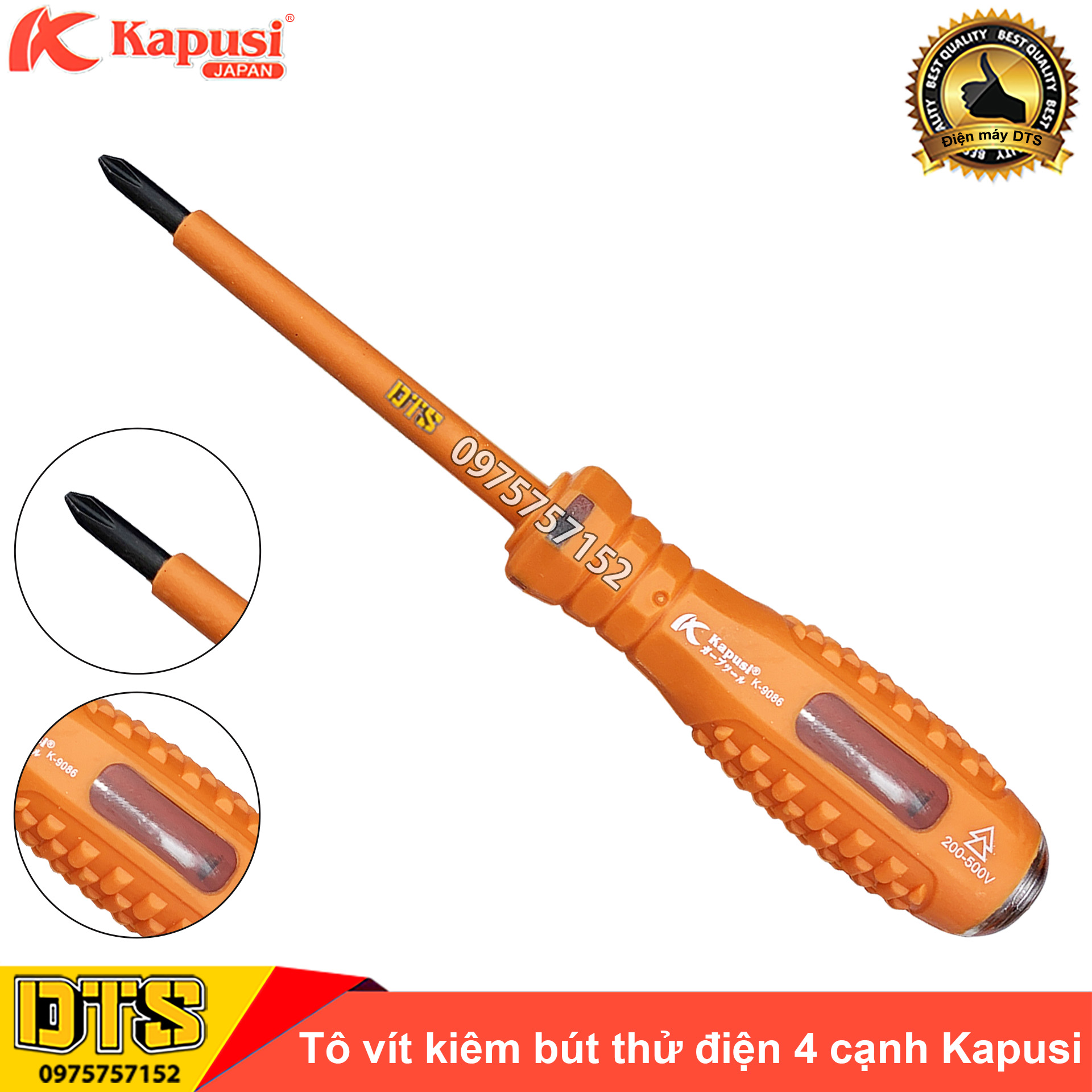 Tua vít cách điện 4 cạnh kiêm bút thử điện chống va đập Kapusi Japan 200-500V K-9086 4x160mm, tô vít bake kiểm tra dòng điện, tuốc nơ vít đa năng 2 trong 1 vặn vít và thử điện