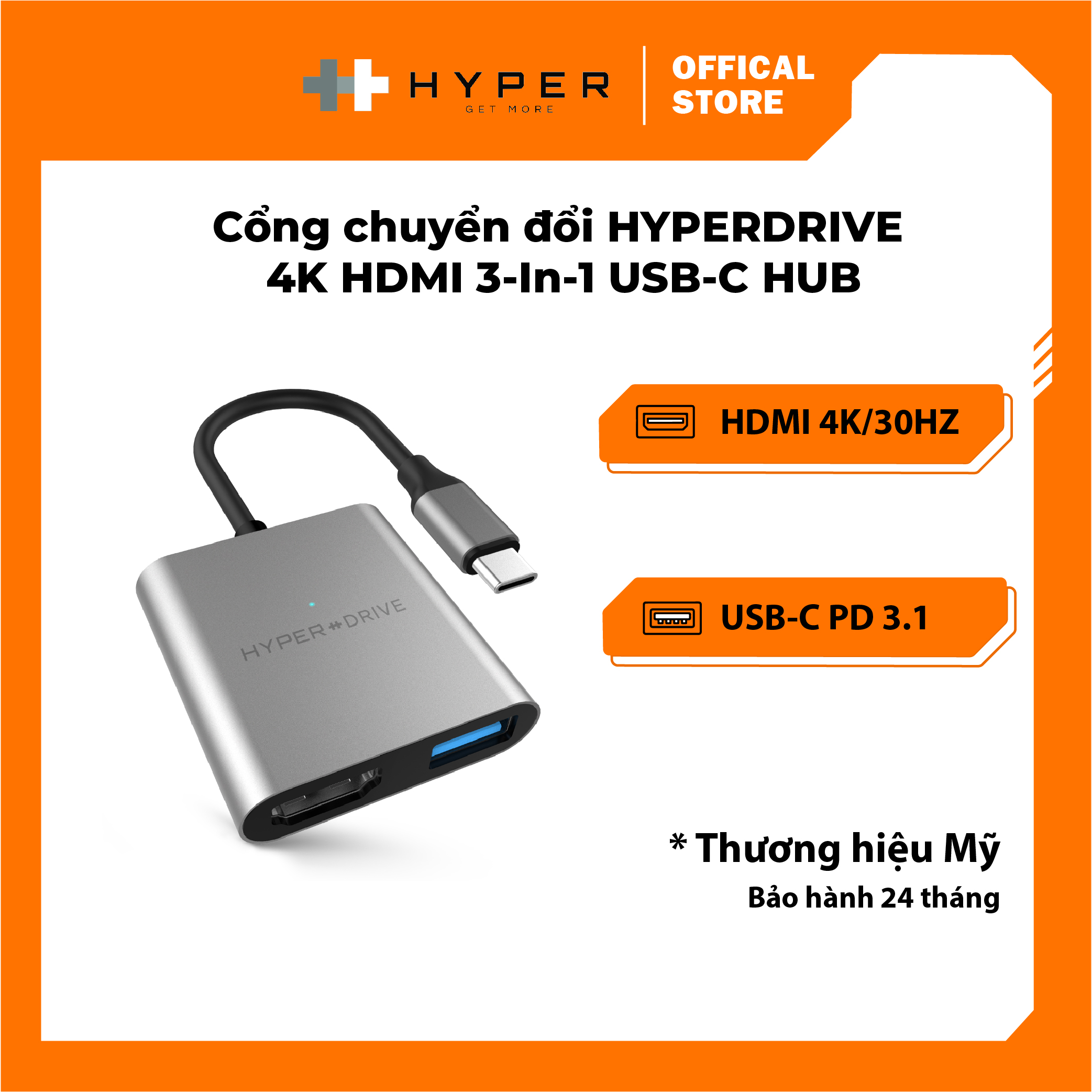 CỔNG CHUYỂN HYPERDRIVE 4K HDMI 3-IN-1 USB-C HUB FOR MACBOOK, SURFACE, PC & DEVICES – HD259A