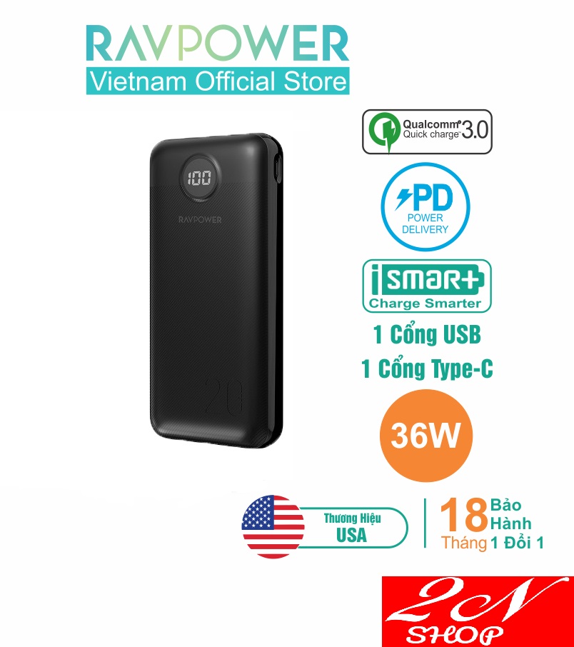 Pin dự phòng ravpower rp-pb1205 20000mah, 3 cổng sạc nhanh pd 20w