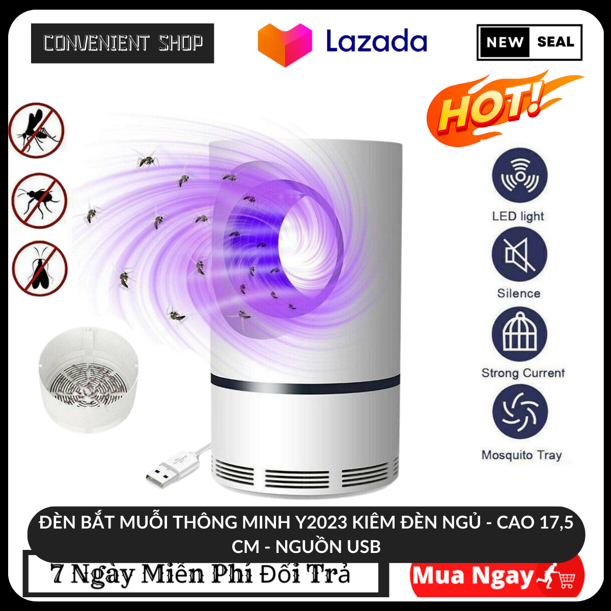 Máy bắt muỗi thông minh, y2023 kiêm đèn ngủ - đèn bắt muỗi thông minh cao 17,5 cm - nguồn usb