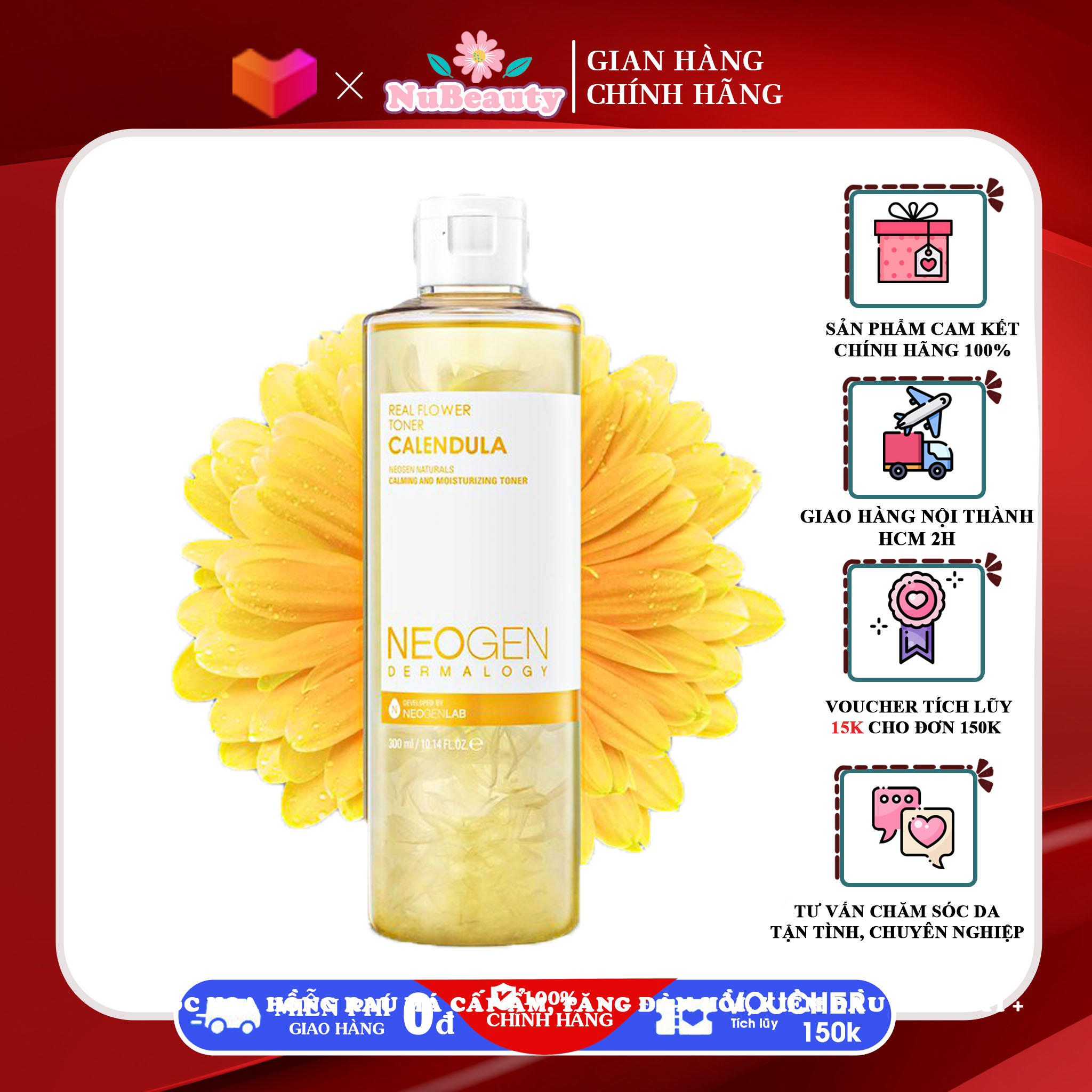 " Chính hãng" Nước Hoa Hồng Chiết Xuất Hoa Cúc Siêu Cấp Ẩm Dịu Da Cho Da Mụn Neogen Dermalogy Real Flower Calendula Toner 300ml, Nuoc hoa hong hoa cuc - Nubeuaty