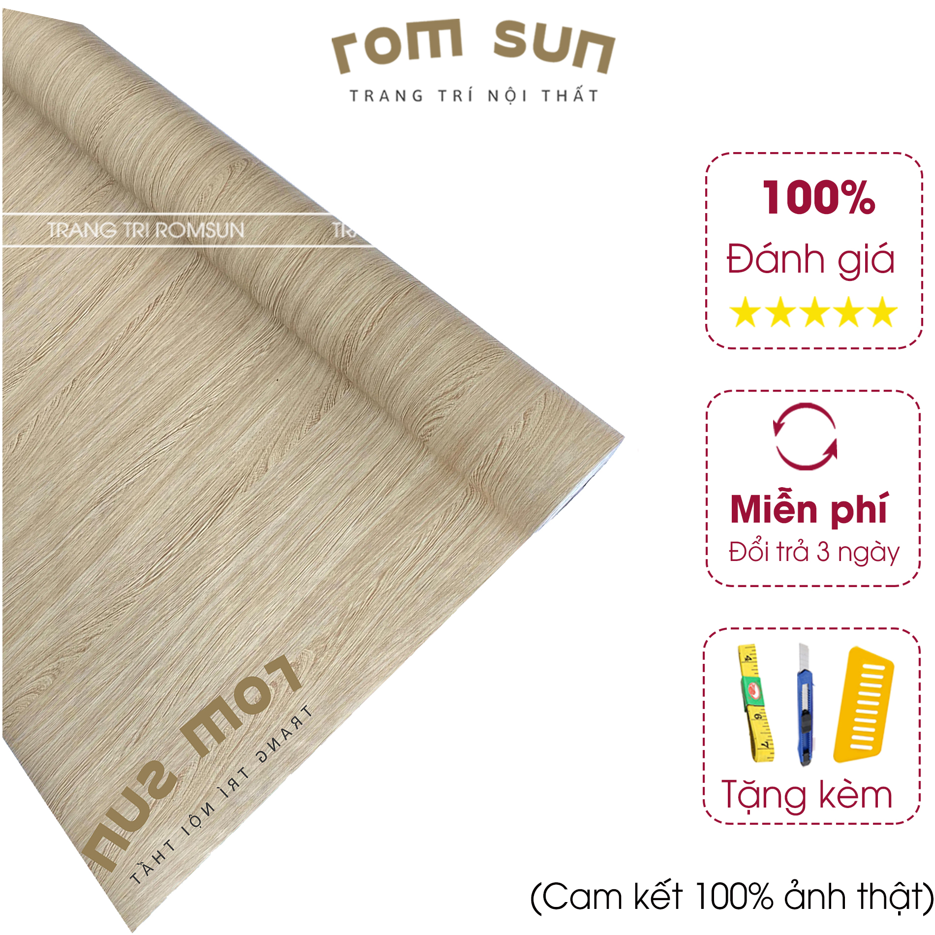 Decal dán tường giả gỗ khổ 60cm 1m2, Giấy miếng dán tường dán phòng ngủ vân 3D màu vàng nhạt