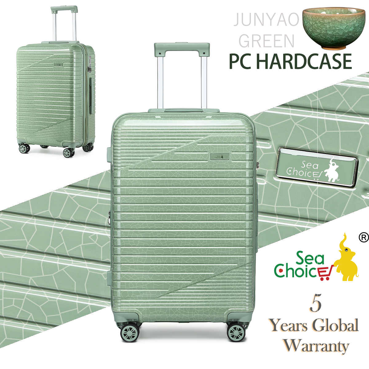 【Tặng Bọc trùm vali Vali kéo du lịch cao cấp Sea Choice 2030 Chất liệu nhựa PC Size 12 + 20/24/28'' (Size 24 có thể mở rộng) có khóa TSA Khóa kéo YKK -Thiết Kế Vân Gốm Băng Liệt Văn