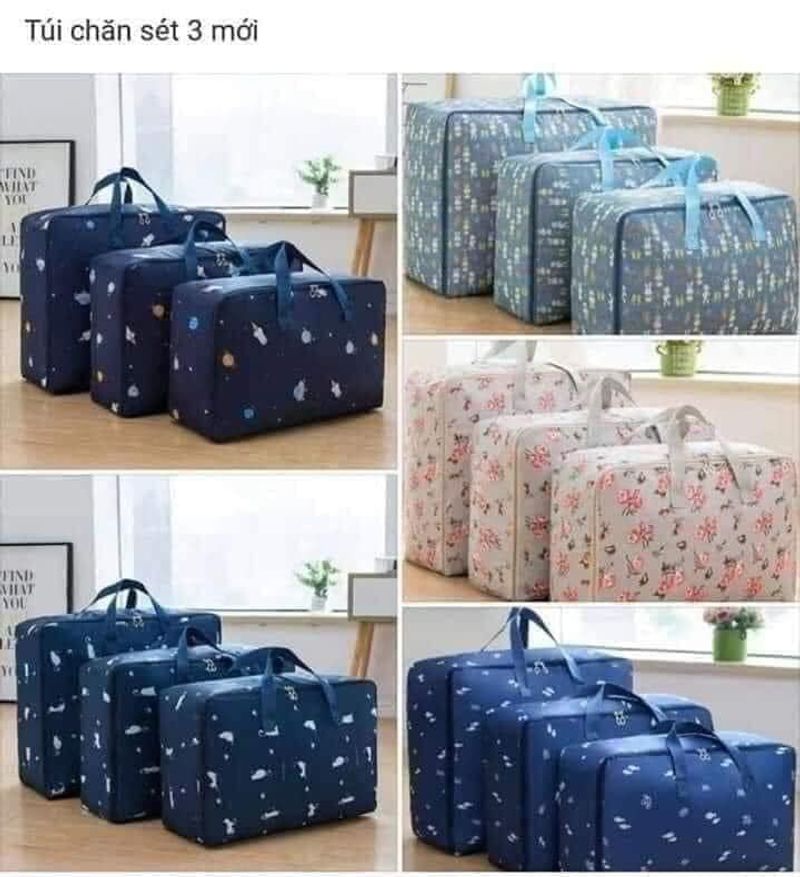 Combo 3 túi đựng chăn đủ kích cỡ đựng đồ dùng gia đình đa năng, họa tiết đẹp độc đáo, có khóa kéo chắc chắn và quai xách tiện dụng mang đi mọi nơi, chất liệu vải chống thấm siêu bền