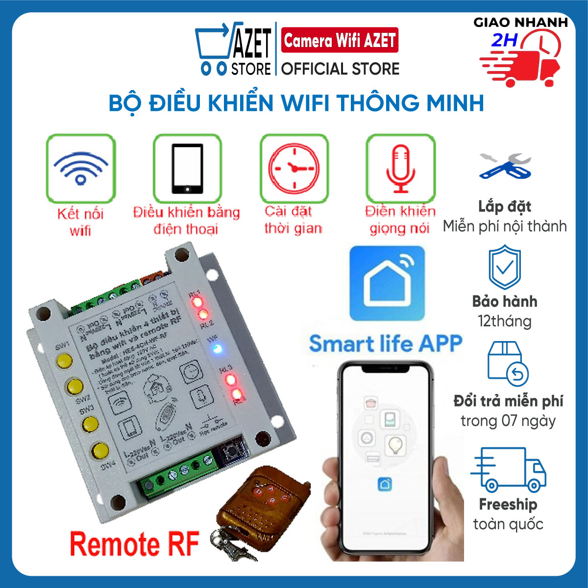 Bộ điều khiển wifi thông minh 4 thiết bị điều khiển cửa cuốn, motor, bóng đèn có remote điều khiển từ xa | bảo hành 12 tháng