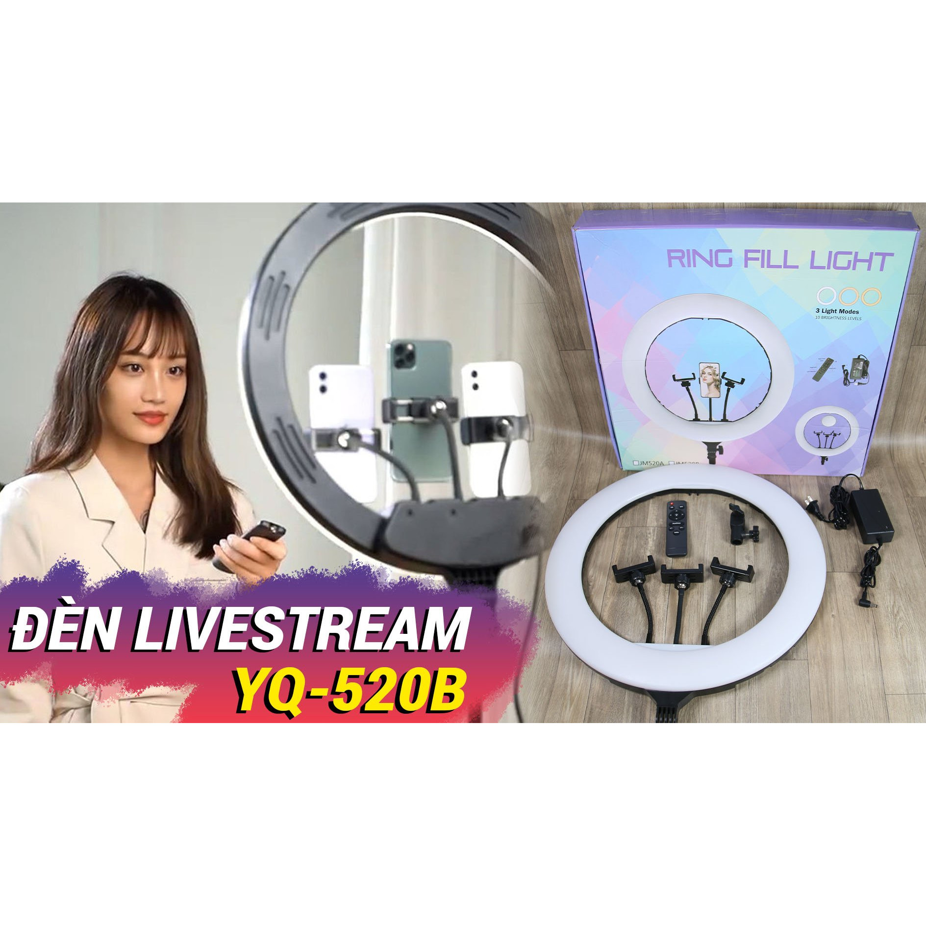 Đèn livestream 54cm YQ 520B - 3 kẹp điện thoại, chân cao 2.1m, 3 chế độ sáng, có remote,Đèn livestream chuyên nghiệp Đèn Led Trợ Sáng Chiếu Sáng Studio Makeup Quay Phim Chụp Ảnh Livetream Selfie đèn livestream -( bảo hành 12 tháng )