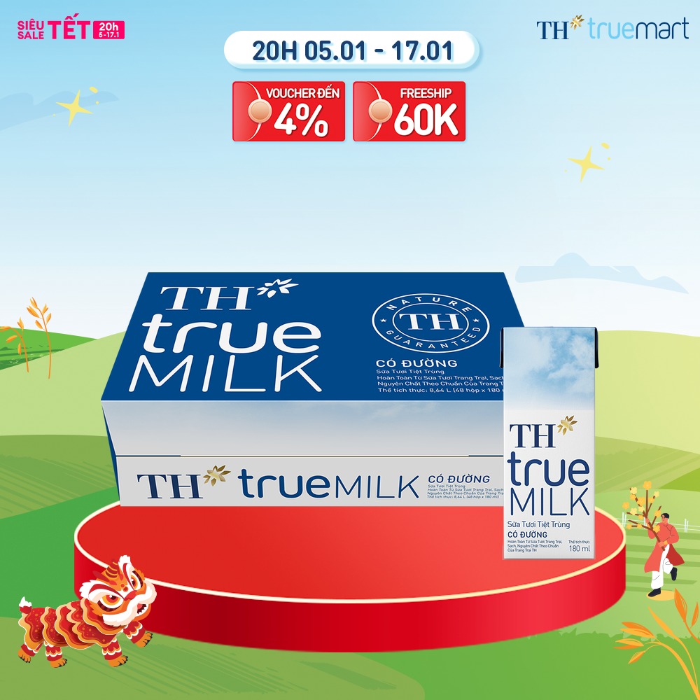 Thùng 48 hộp sữa tươi tiệt trùng TH true MILK có đường 180 ml (180 ml x 48)