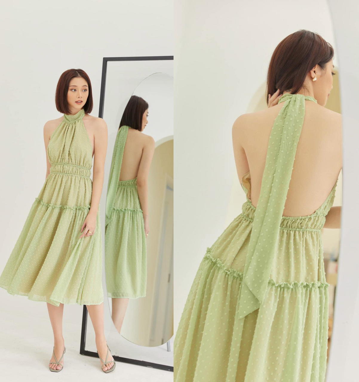 Đầm midi voan sẵn mút ngực cột dây hở lưng gợi cảm