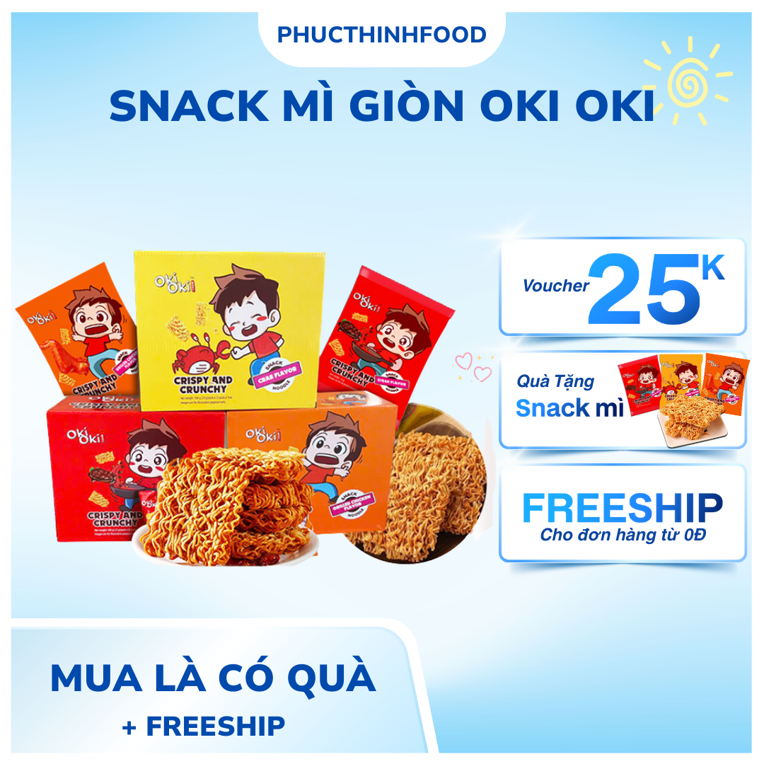  Snack mì giòn ăn vặt Oki Oki hương gạch cua gà nướng bò bít tết thùng 22 gói x 23g 