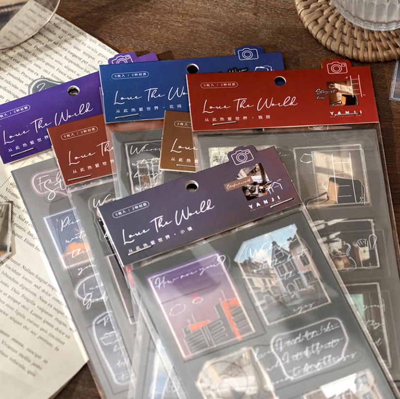 Bộ 5 tấm sticker trang trí sổ bullet journal retro cổ điển - Love the world