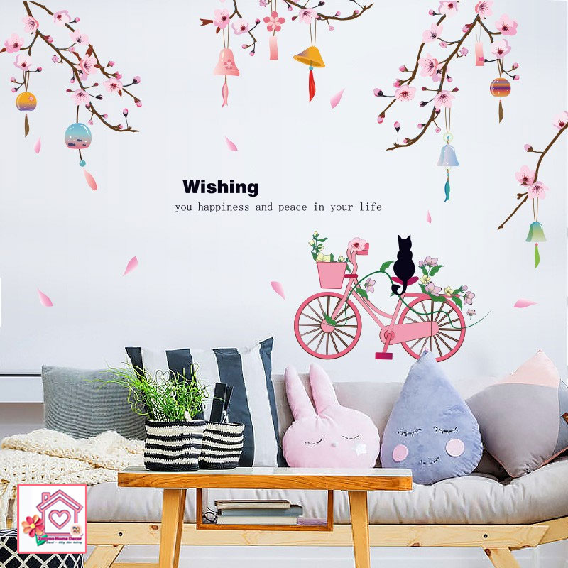 Decal dán tường in kỹ thuật số 3D Mùa Xuân Hoa Anh Đào Xe Đạp SK9357 trang trí tường phòng khách phòng ngủ - Sticker - Miếng dán tường - Hình dán