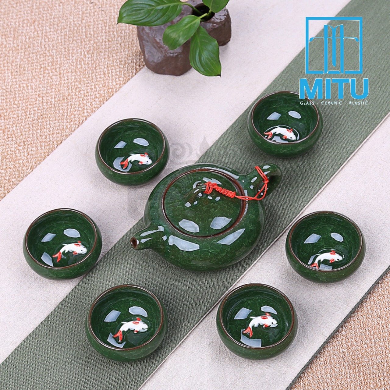Bộ ấm 6 chén trà men ngọc bích cá 3d sang trọng