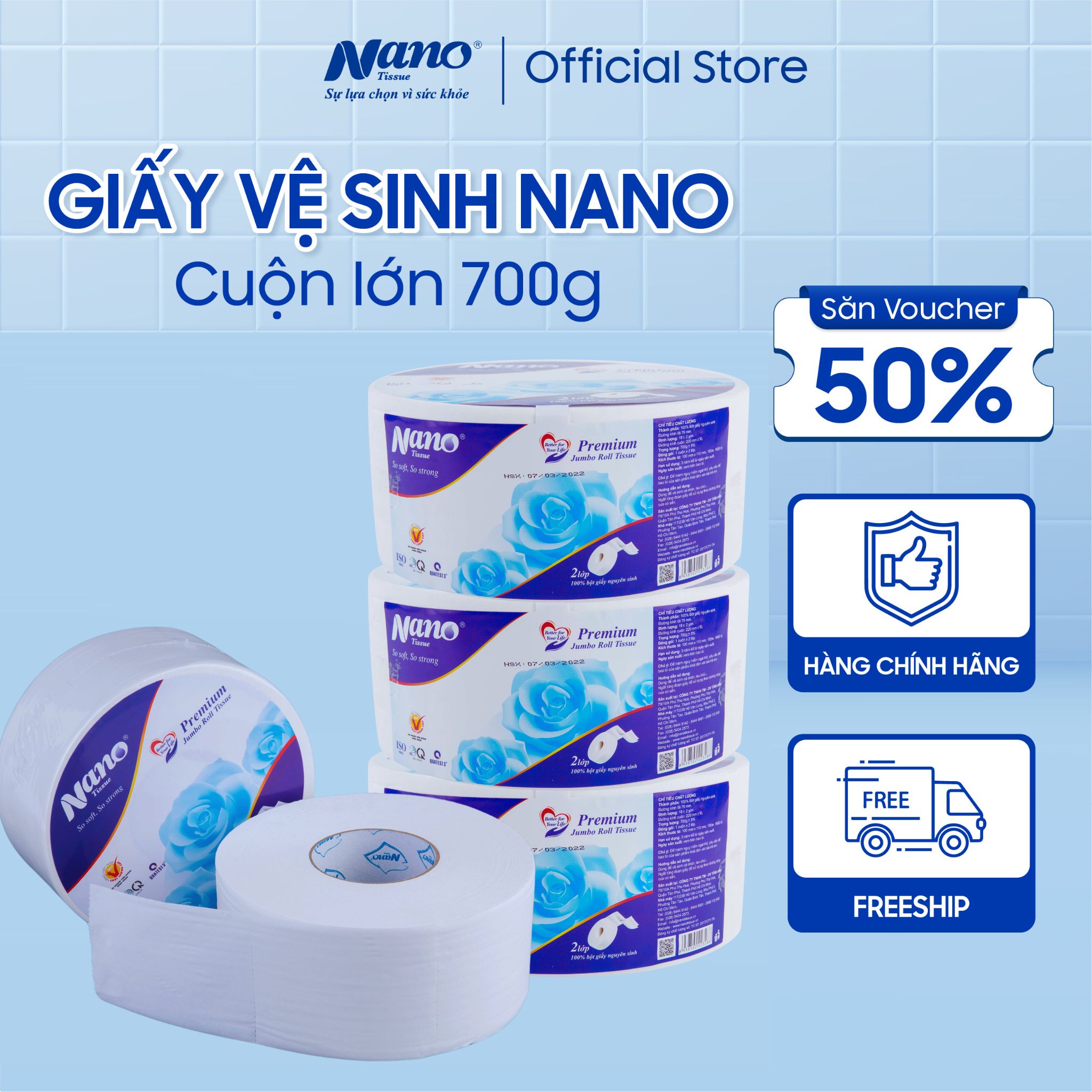 Combo 5 Cuộn Giấy vệ sinh cuộn lớn 2 lớp Nano 700g, Giấy vệ sinh công nghiệp cuộn to treo tường tiết kiệm - Nano Tissue