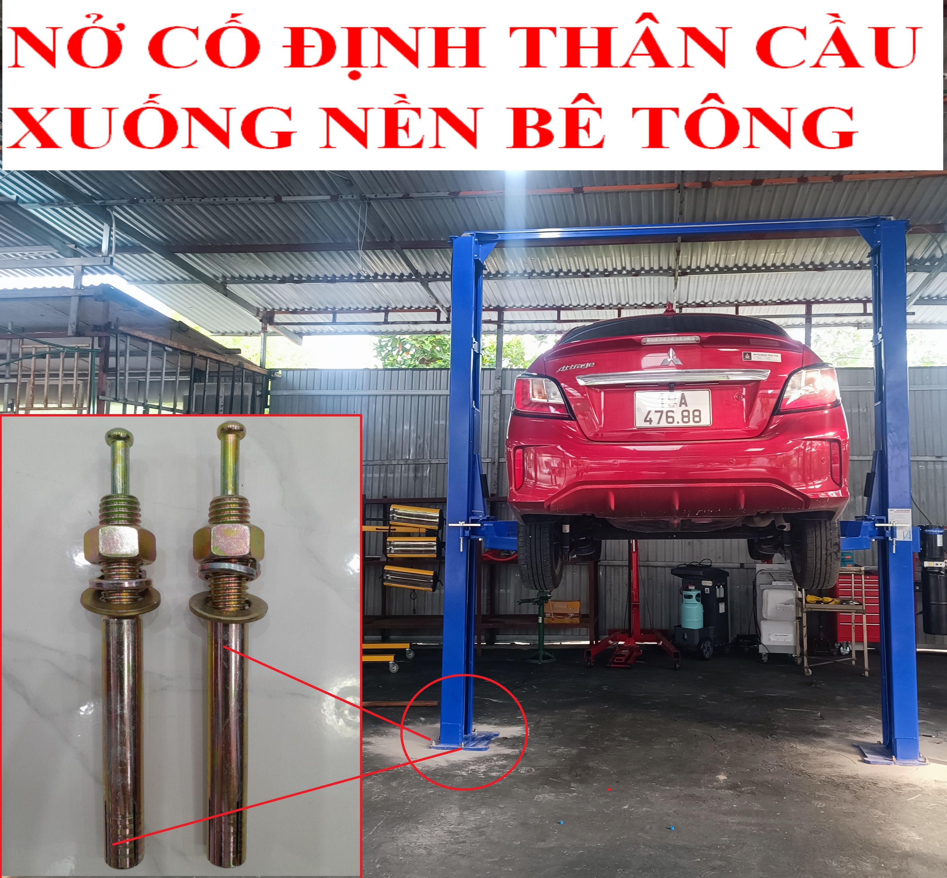 Bu long Tắc kê nở sắt M16 dài 190 cm, dùng để lắp đặt cầu nâng hai trụ, cắt kéo ô tô