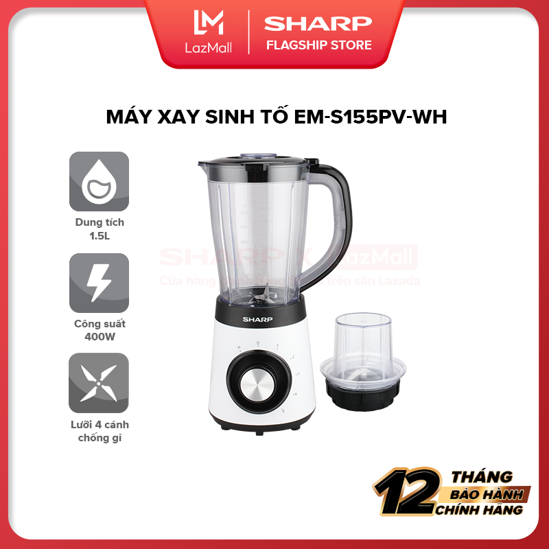 Máy Xay Sinh Tố Sharp EM-S155PV-WH 1.5L [2 Cối Xay Nhựa, Công suất: 500W, 5 Tốc Độ Xay] Bảo Hành Chính Hãng 12 tháng